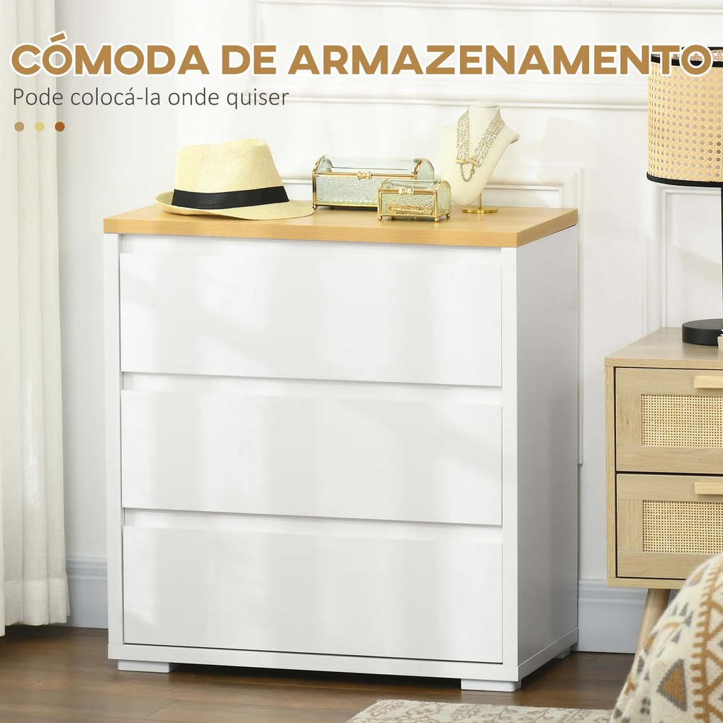 Cómoda Moderna com 3 Gavetas de Madeira 70x37x75 cm para Dormitório Carga Máxima 40 kg Branco e Madeira