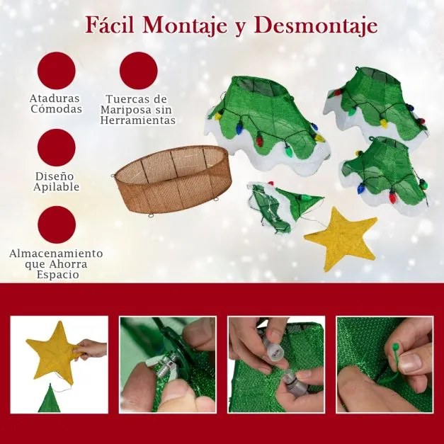 Árvore de Natal Iluminada 130 cm em Malha 3D Exterior Interior de Morango Luzes LED Verdes e Amarelas Moldura Metálica Verde