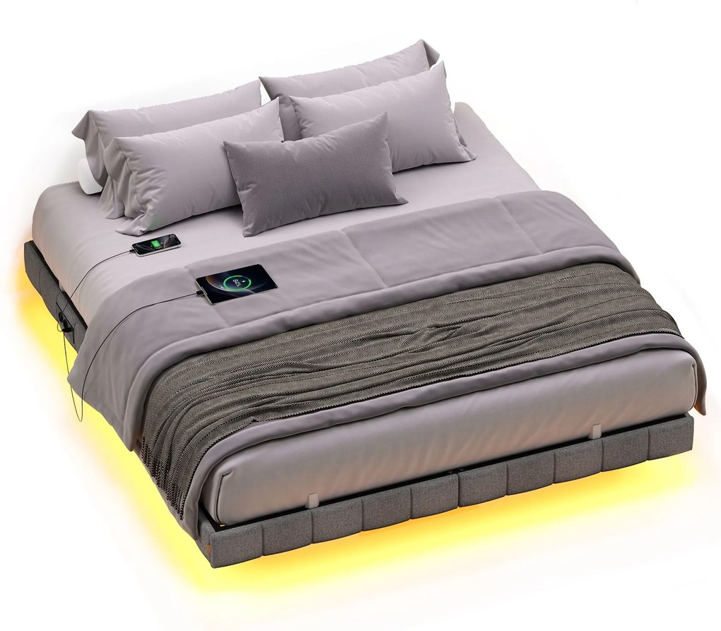 Estrutura de cama 160 x 200 cm, com iluminação LED, base de cama (COLCHÃO NÃO INCLUIDO) Cinza