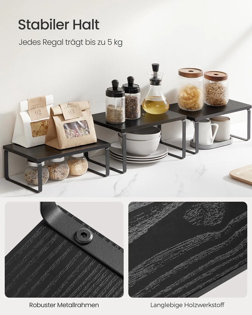 Conjunto de 3 prateleiras cozinha para especiarias empilháveis e extensíveis, cinzento antracite-preto