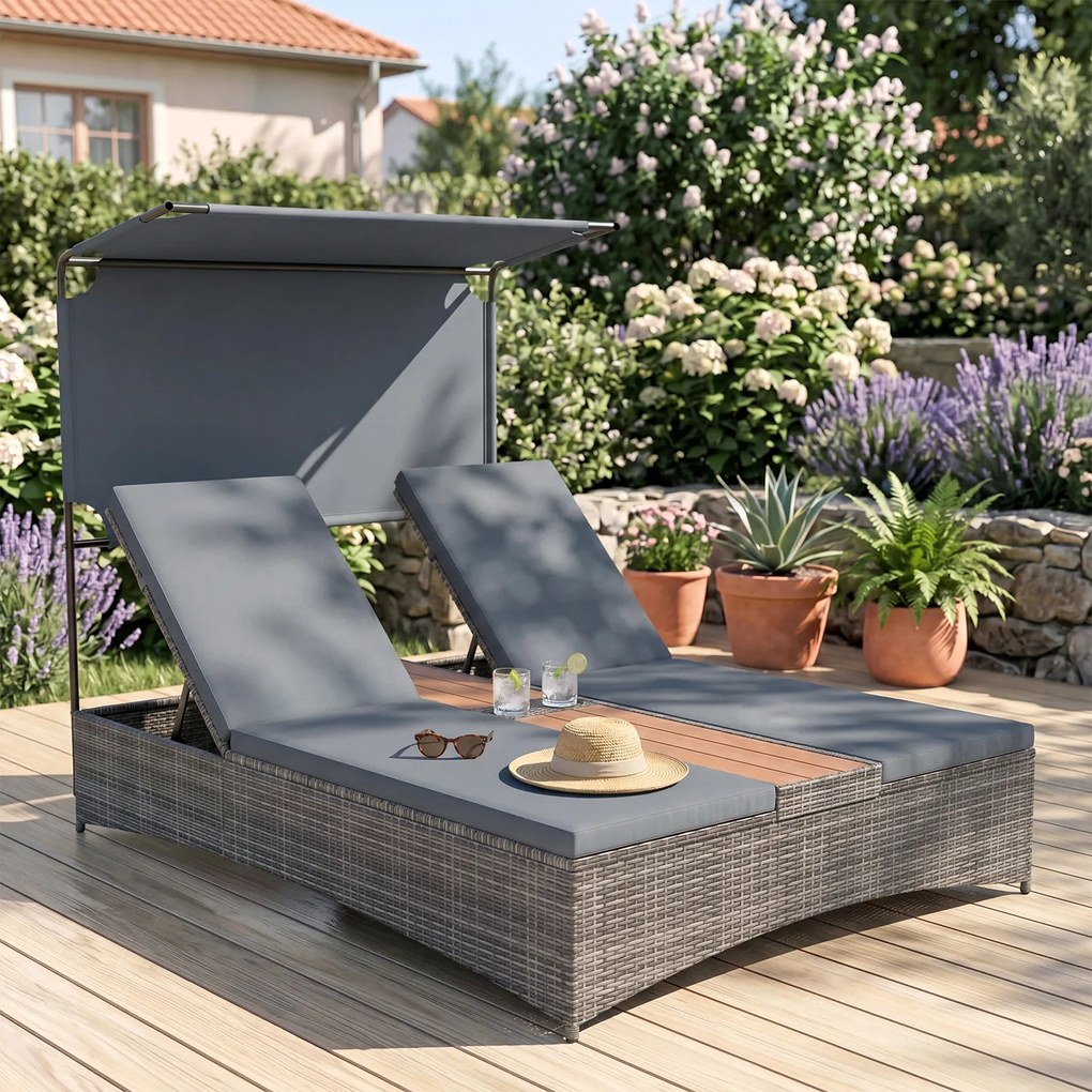 Espreguiçadeira Dupla de Jardim com Parasol, 203 x 147 x 164 cm, Encostos Ajustáveis em 5 Níveis, Cinzento