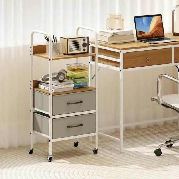 Carrinho de armazenamento móvel 30 x 43,5 x 96 cm com rodas de cozinha ou escritório com Suporte para impressora com 2 prateleiras abertas e 2 gavetas