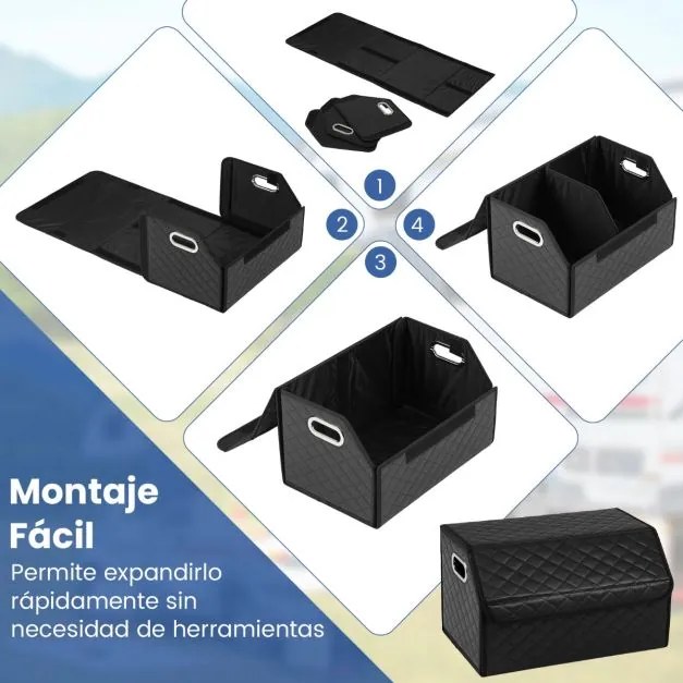 Organizador dobrável 30 x 47 x 27,5 cm para porta-malas de carros 35L com tampa acolchoada em couro e divisória ajustável Preta