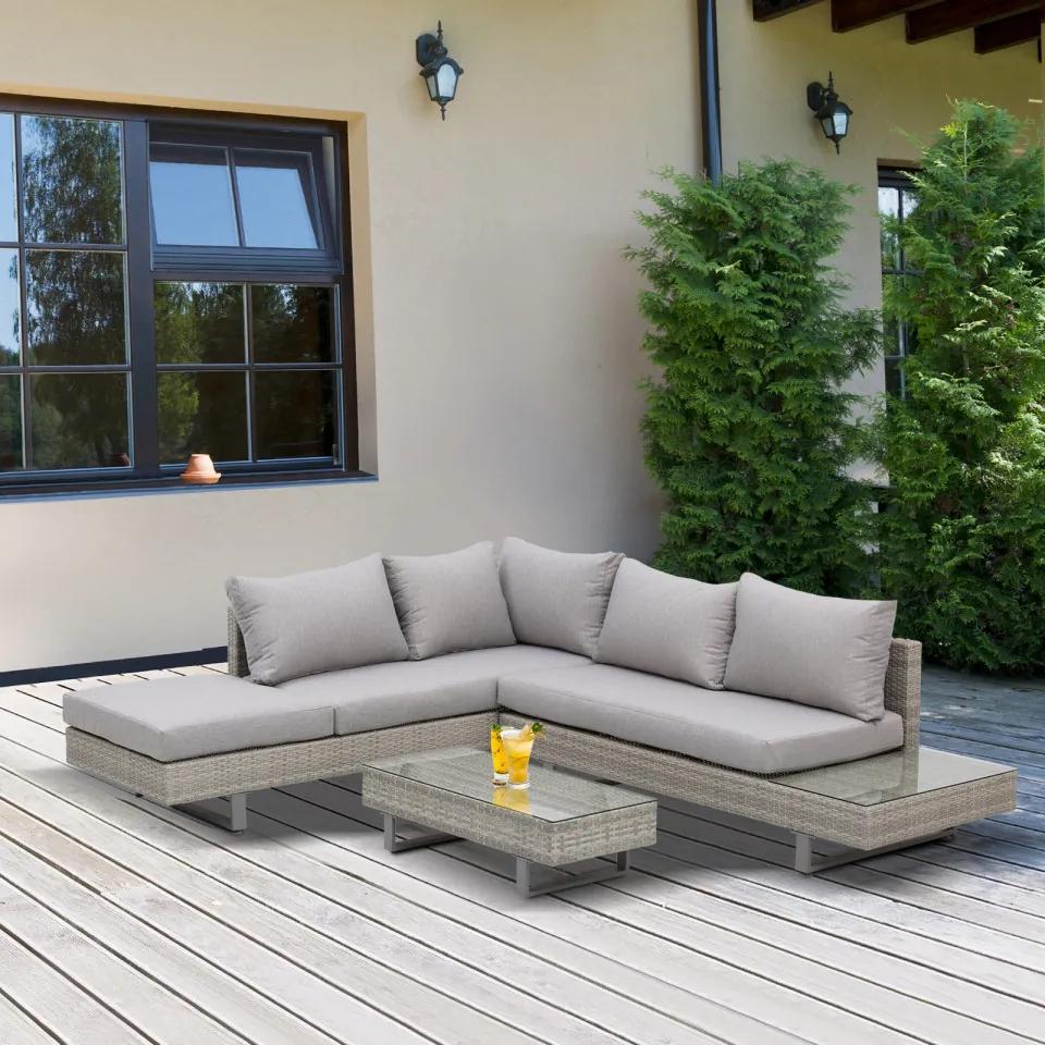Outsunny Conjunto de móveis de vime de 3 peças, mesa de centro, sofá duplo e sofá de 3 lugares com almofadas removíveis para terraço jardim e pátio Aço Cinza
