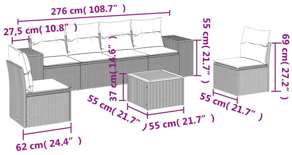 7 pcs conjunto sofás p/ jardim c/ almofadões vime PE cinzento