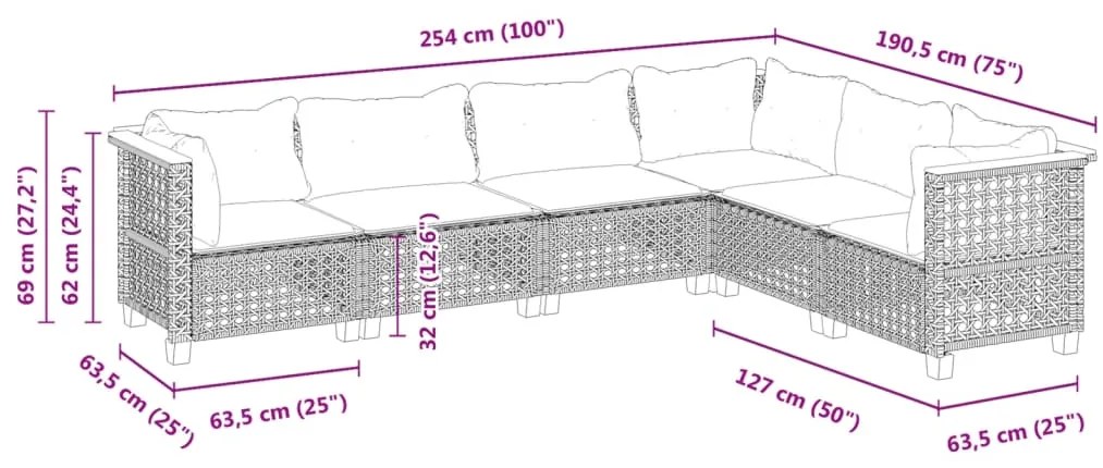 6 pcs conjunto sofás de jardim c/ almofadões vime PE preto