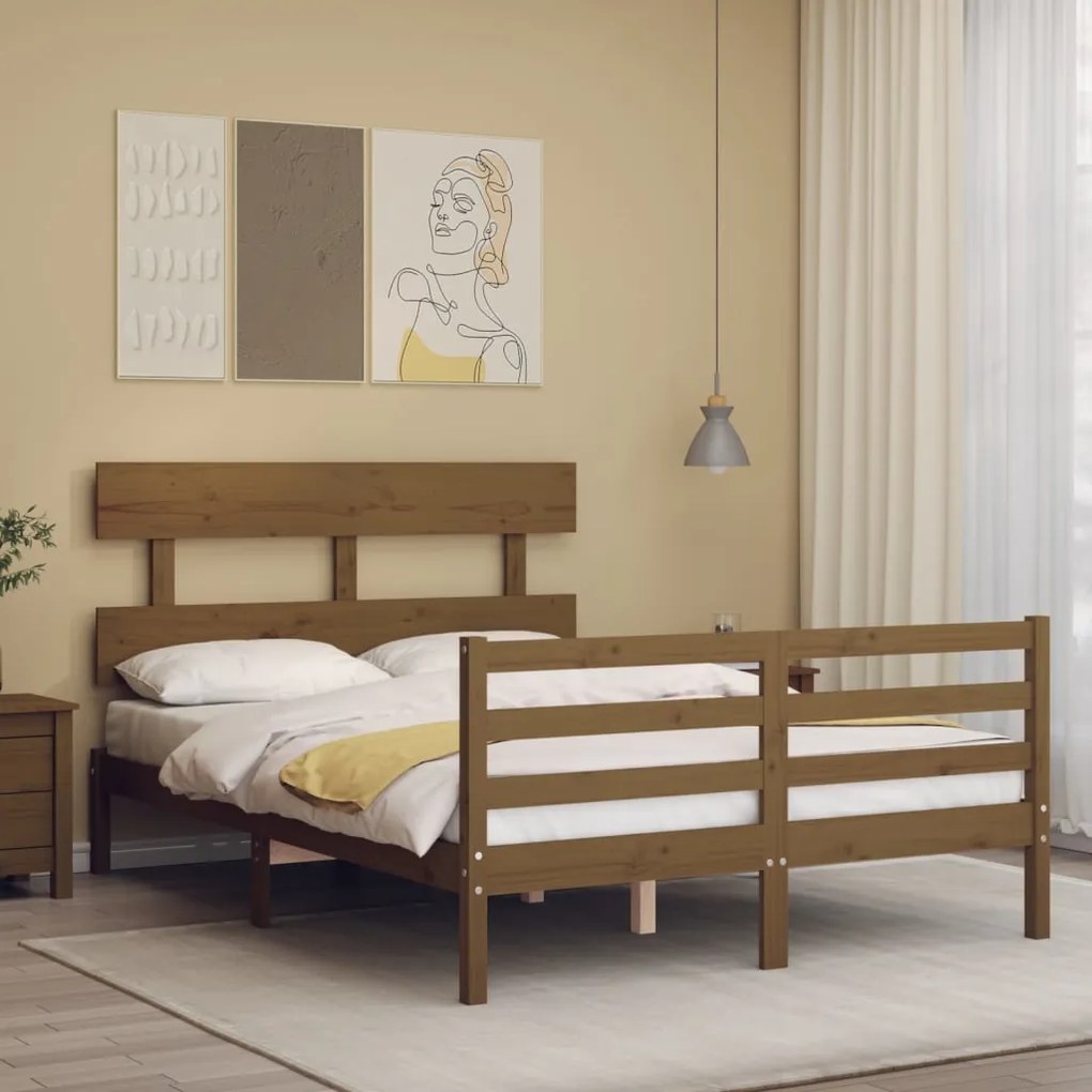 Estrutura de cama dupla pequena 4FT madeira maciça castanho-mel