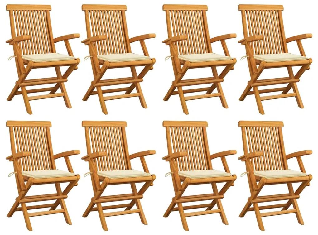 Cadeiras de jardim c/ almofadões cor creme 8 pcs teca maciça