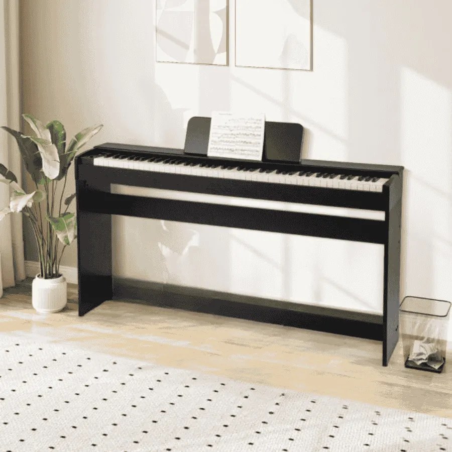 Piano digital vertical de 88 teclas com ação de martelo e teclas de tamanho completo, 3 pedais, altifalantes duplos e função de gravação, ligação para