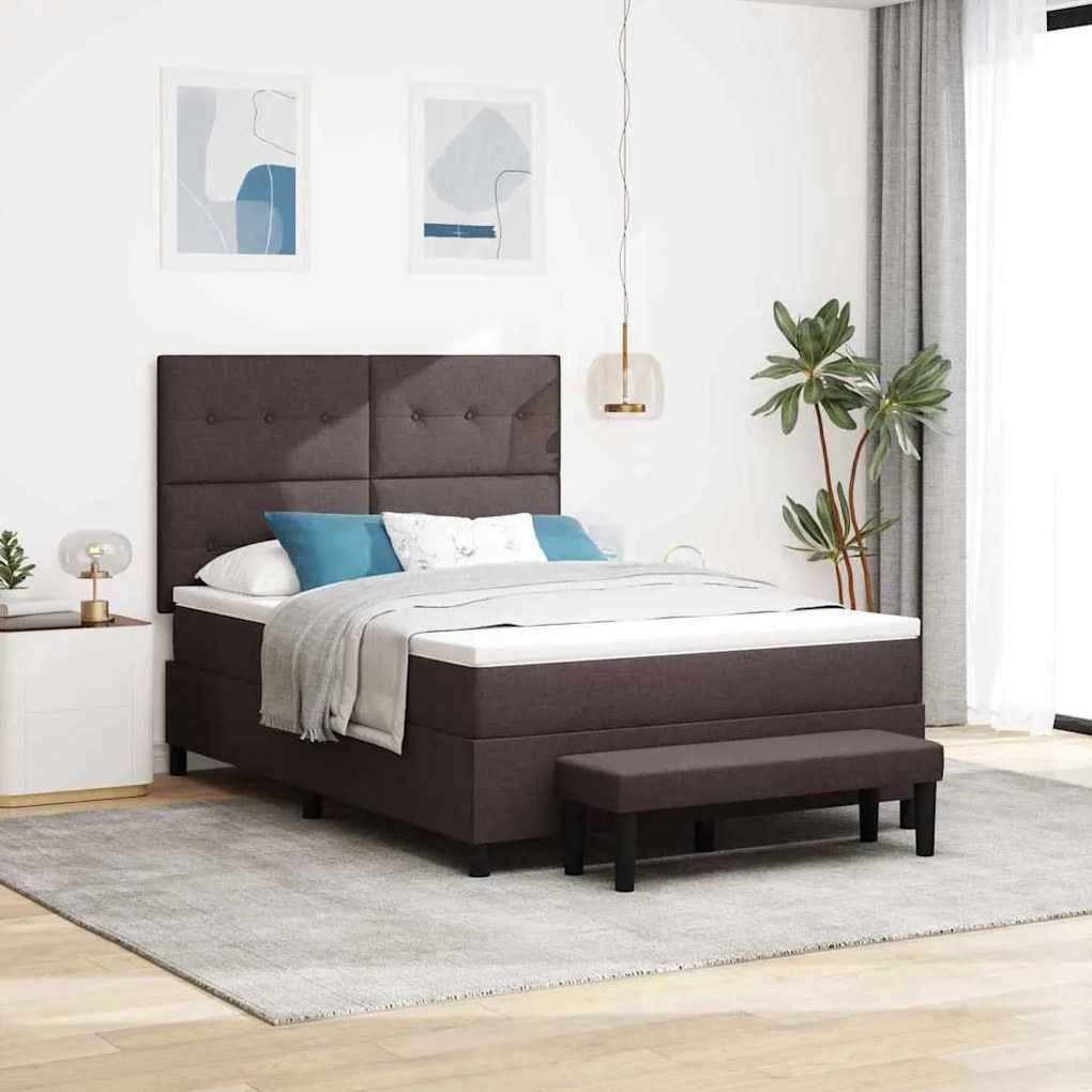 Cama Box Spring com Colchão &amp; Banco Marrom Escuro 140x200 cm Tecido