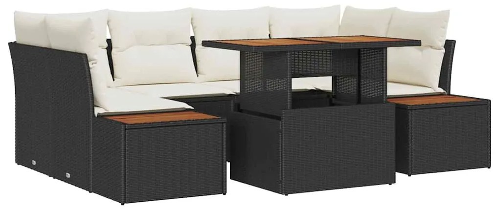 Conjunto de Jantar de Jardim 7 Peças com Almofadas de Rattan Preto e A