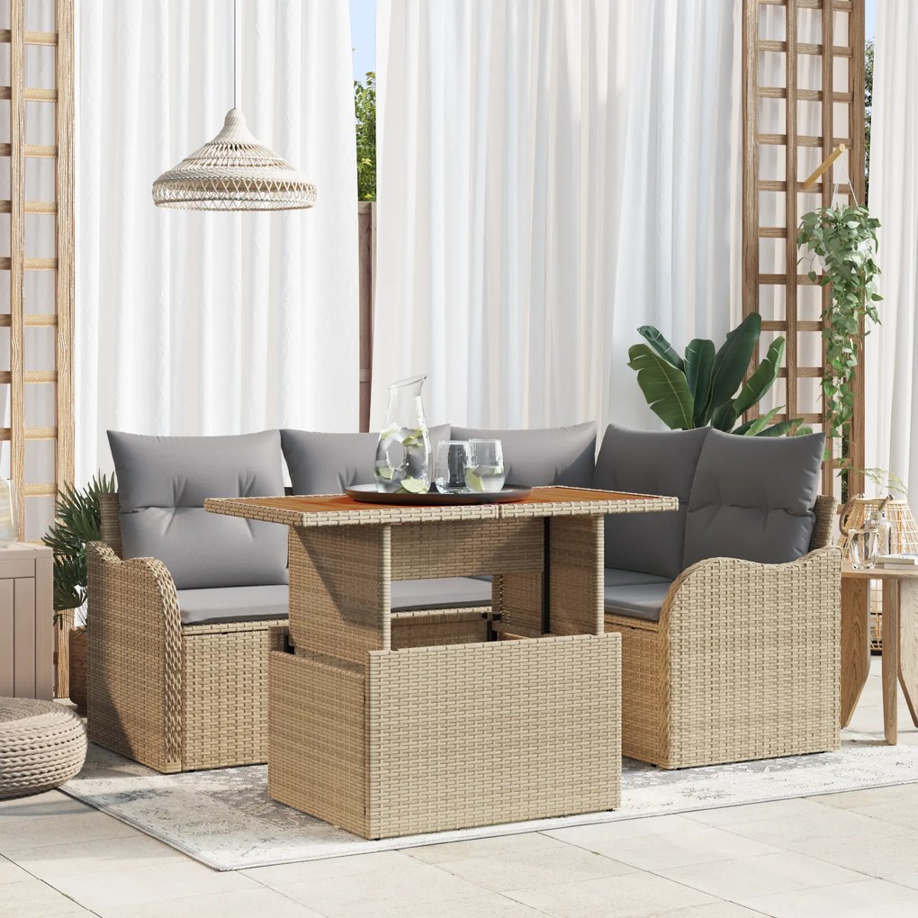 Conjunto de Sofá de Jardim de 5 Peças com Almofadas Bege Vime Acácia