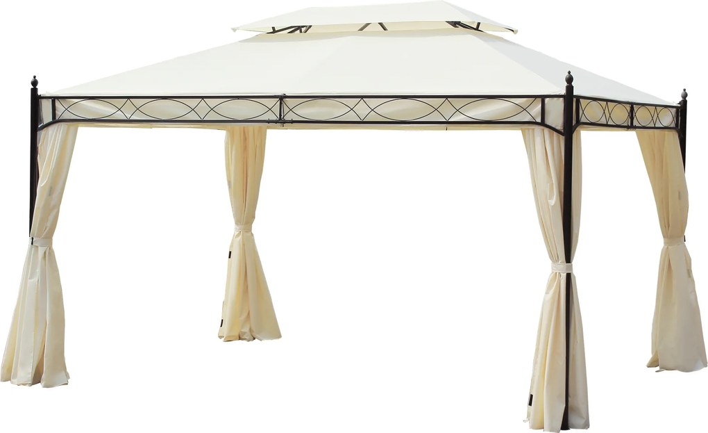 Outsunny Pérgola de Jardim 4x3 m com Telhado Duplo 4 Cortinas Estrutura de Aço 8 Orifícios de Drenagem Anti-UV Creme | Aosom Portugal