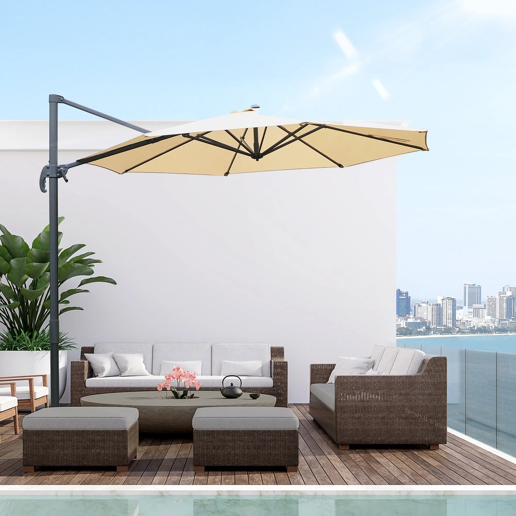 Guarda-sol octogonal inclinável Ø 2,95, com rotação de 360°, pé em cruz, 8 cordas, manivela incluída e estrutura em alumínio bege