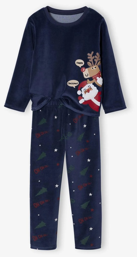 Pijama em veludo de Natal com camisola estampada e calças às riscas, para menino marinho