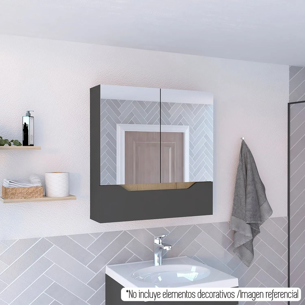 Armário de parede para casa de banho suspenso com espelho Laurent, com duas portas e prateleiras internas, 62 cm a x 60 cm e x 15 cm p, chumbo/duna
