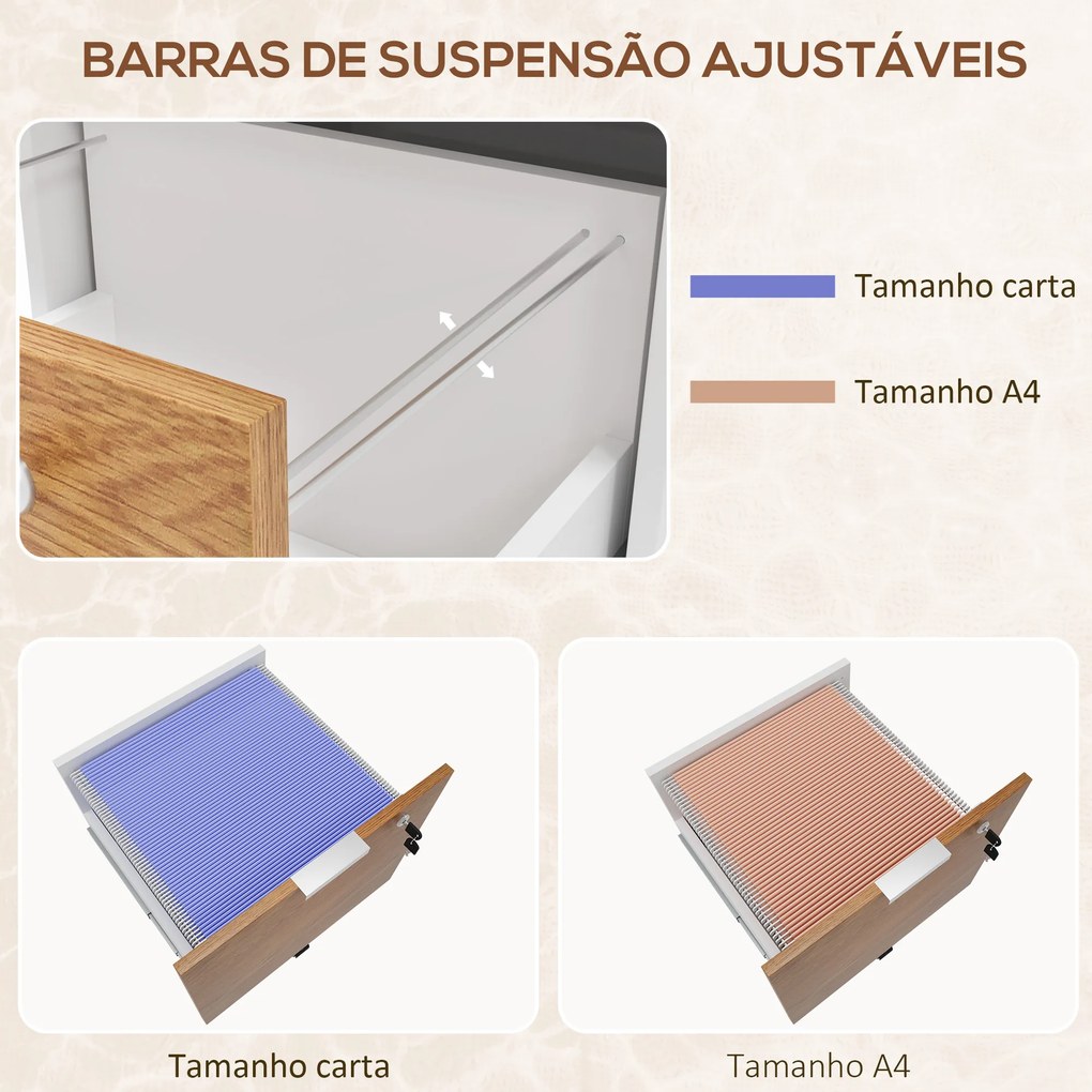 Bloco de Gavetas para Escritório com 5 Rodas 2 Gavetas 2 Barras para Pastas A4 Fechadura e 2 Chaves 42x40x60 cm Natural