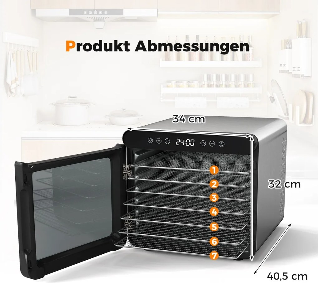 Desidratador de alimentos com temperatura ajustável de 30 ℃-75 ℃ 7 bandejas de aço inoxidável para carne, frutas