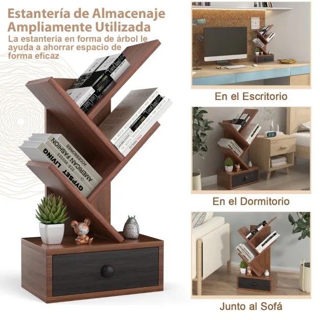 Estante forma de árvore de 5 camadas com gaveta utilitária e suporte para armazenamento de livros pequenos 30 x 17,5 x 60 cm Castanho