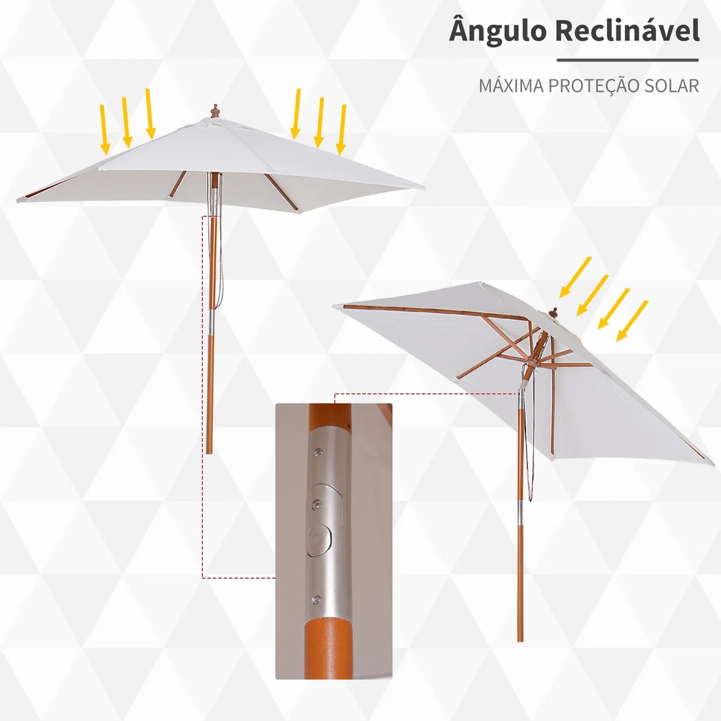 Chapéu de Sol de Jardim 200x150x230cm Chapéu de Sol Retangular Inclinável com Polia Duplo Teto e Mastro Desmontável de Madeira para Terraço Pátio Crem