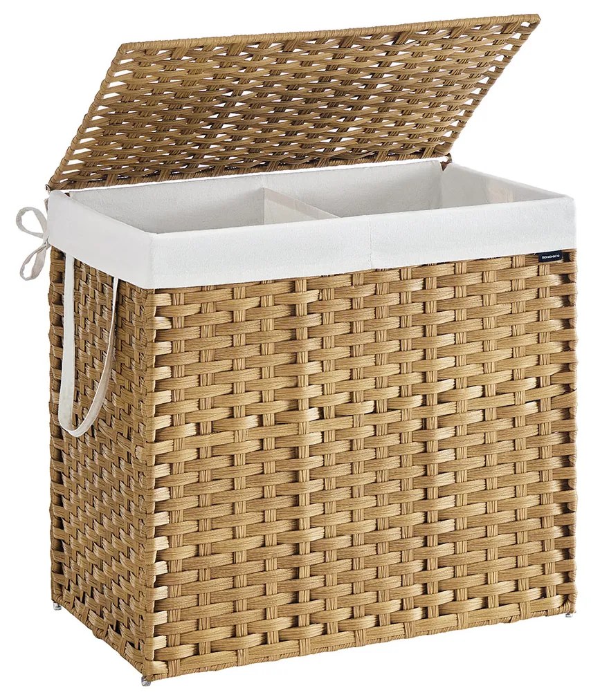 Cesto para roupa suja 66 x 40 x 61 cm em rattan sintético com 2 compartimentos, cor natural
