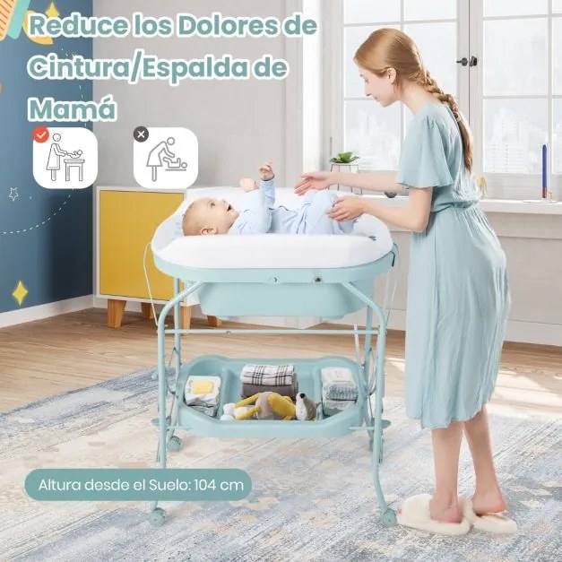 Troca-fraldas com banheira, portátil e dobrável, almofada em PVC, bandeja de armazenamento com 4 rodas universais Azul