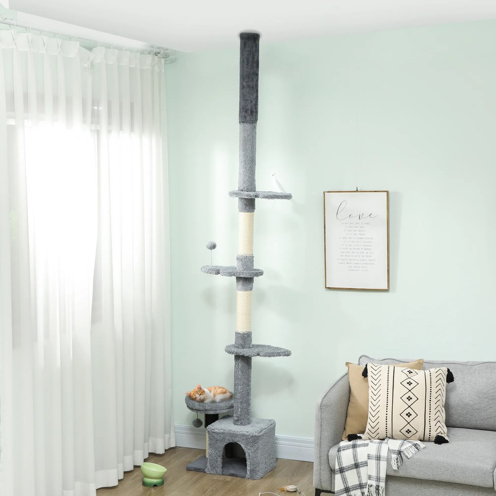 Arranhador para gatos do chão ao teto, torre para gatos com altura ajustável entre 225 e 255 cm e vários níveis, revestimento em pelúcia, cinzenta