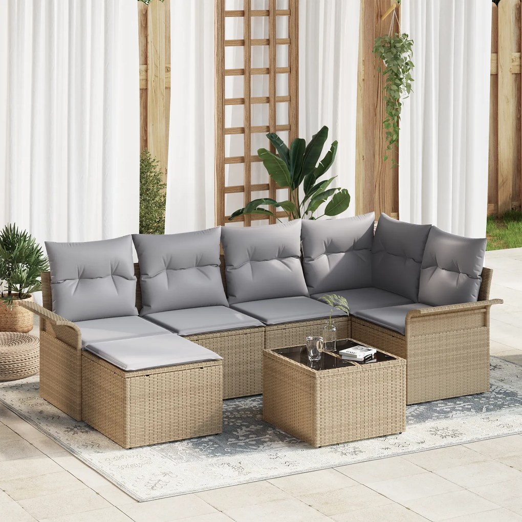 Conjunto de Sofá de Jardim de 7 Peças com Almofadas Pretas de Rattan P