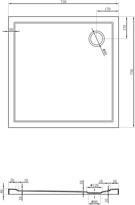 Mexen Flow base de duche quadrada slim 75 x 75 cm, branco brilhante - 46S107575