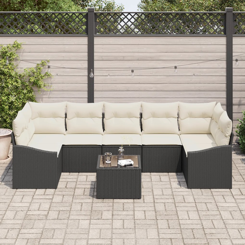Conjunto de Sofá para Jardim de 8 Peças com Almofadas Preto Vime Poli