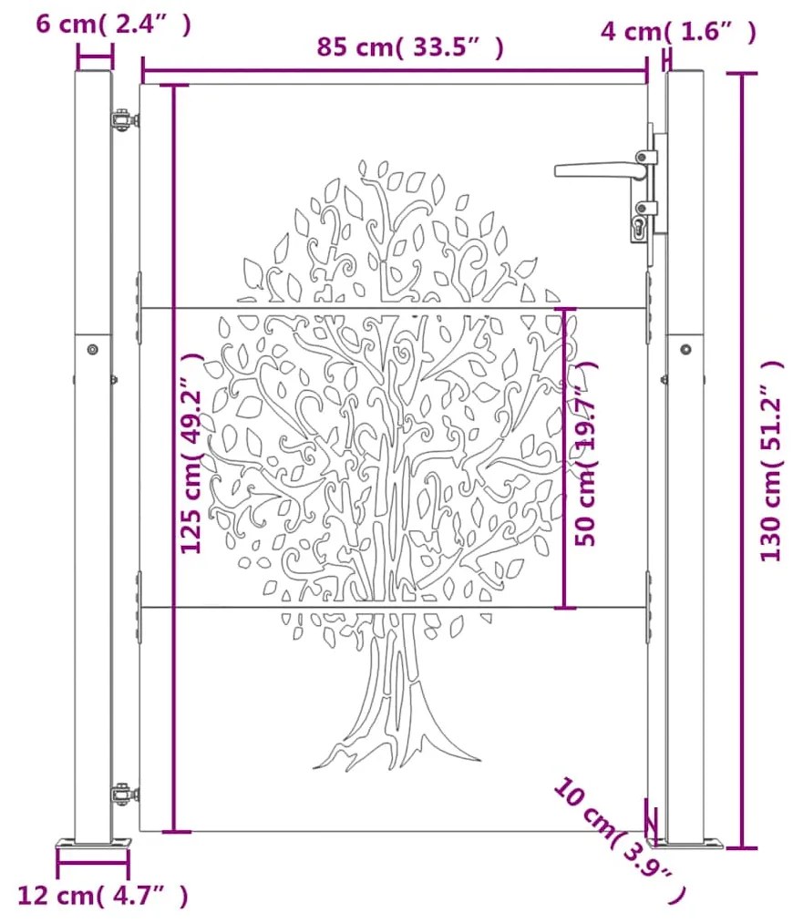 Portão de jardim 105x130 cm aço corten design árvore