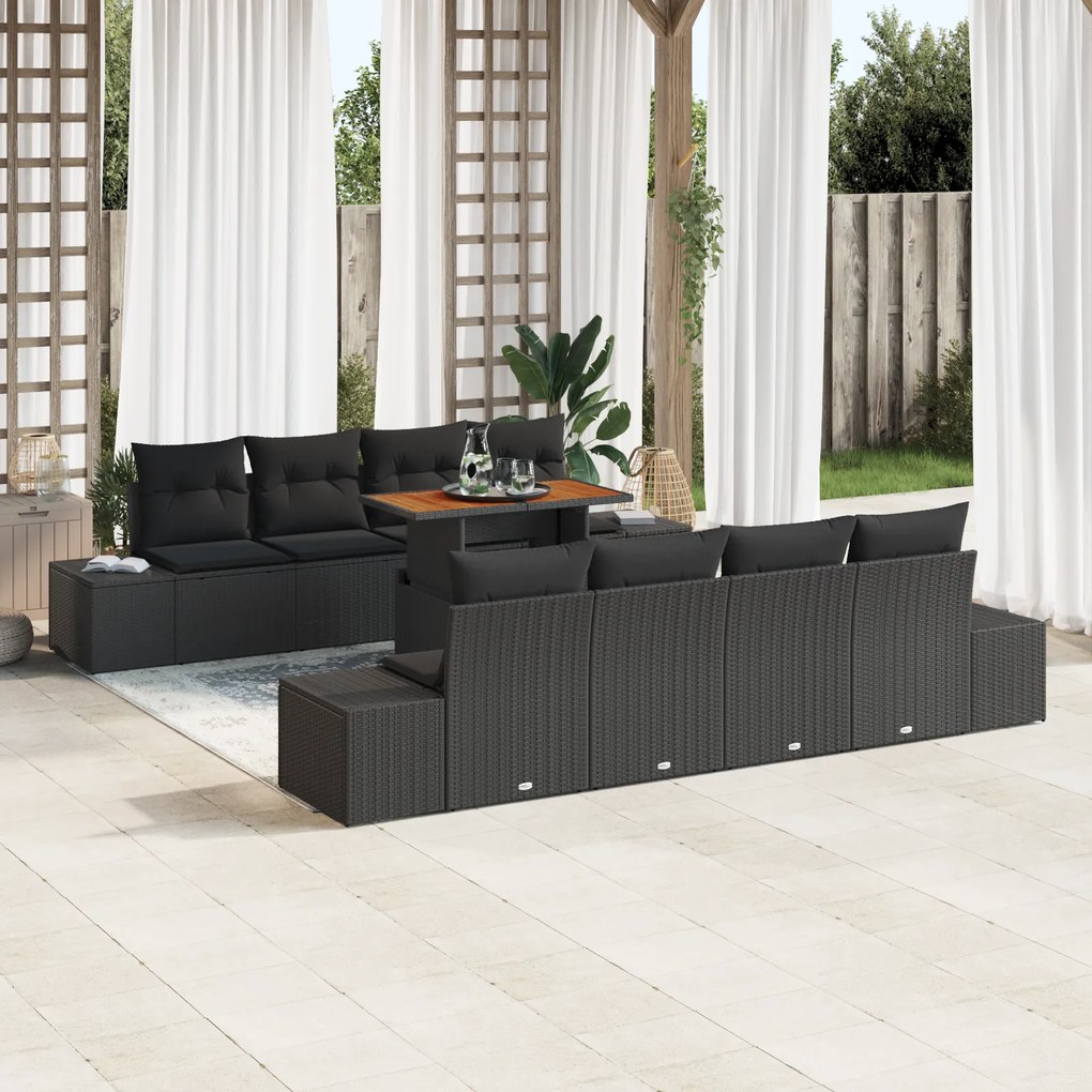 Conjunto de Sofá de Jardim de 7 Peças com Almofadas Rattan Preto Poly