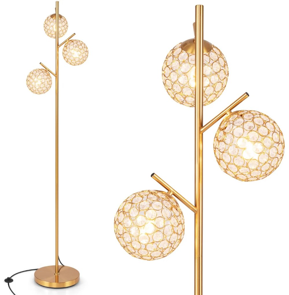 Candeeiro de pé com 3 globos com interrutor e 3 casquilhos de lâmpada E27 Poste de metal Poste de metal moderno para quarto Dourado