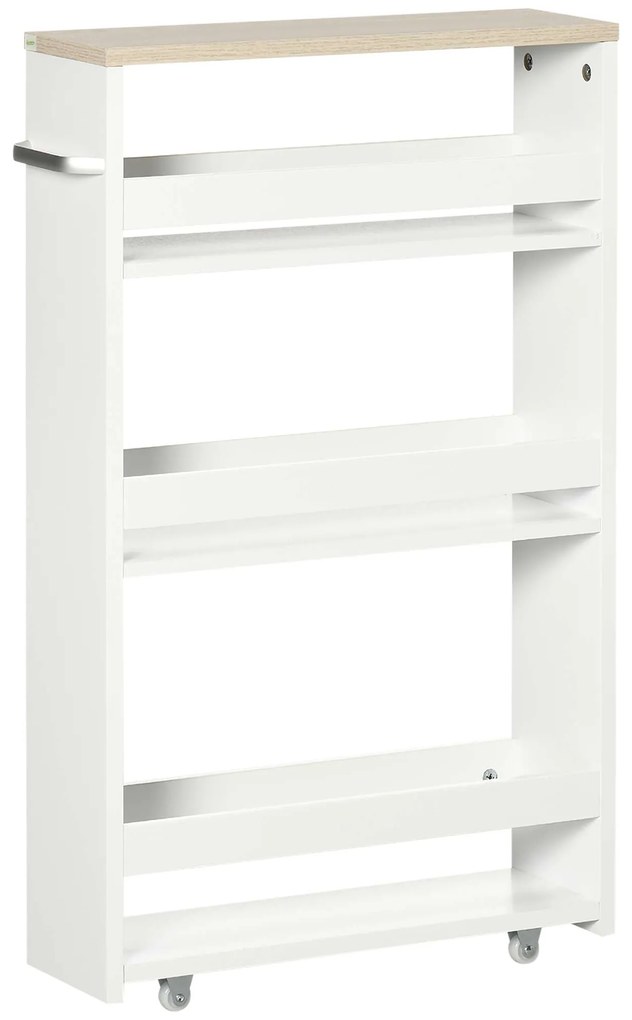 kleankin Estante Armazenamento Casa Banho 3 Níveis Estreita Alça Lateral Rodas 48x15x80cm Branco