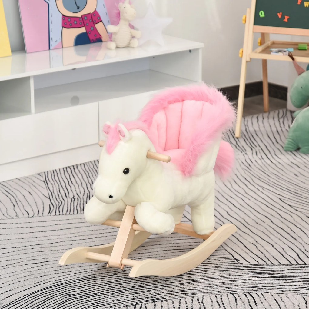 Cavalo de baloiço com função musical, sela de grande conforto, pelúcia curta e macia para crianças dos 18 aos 36 meses, em madeira de álamo, branco e