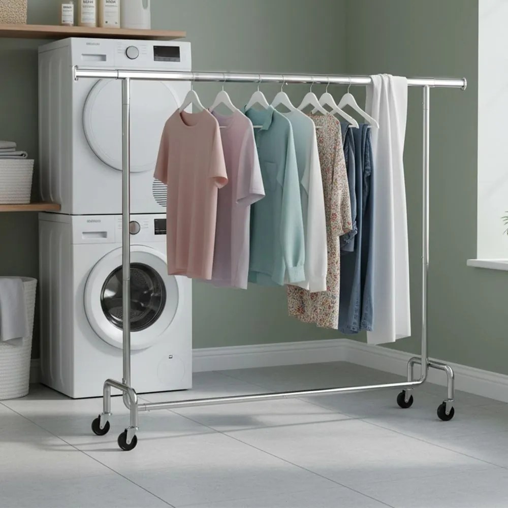 Cabide guarda roupa com rodas 45 x (160-200) x 162,9 cm, barra extensível, capacidade de carga até 110 kg prateado