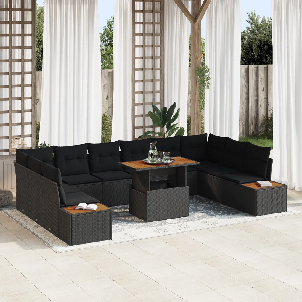 Conjunto de Jantar de 11 Peças com Almofadas Preto Rattan Poli Aço