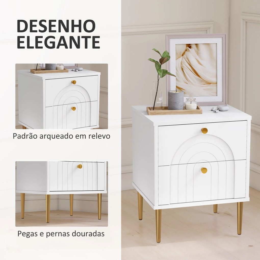 Conjunto de 2 Mesas de Cabeceira com 2 Gavetas e Pés de Aço Estilo Moderno 40x35x50 cm Branco