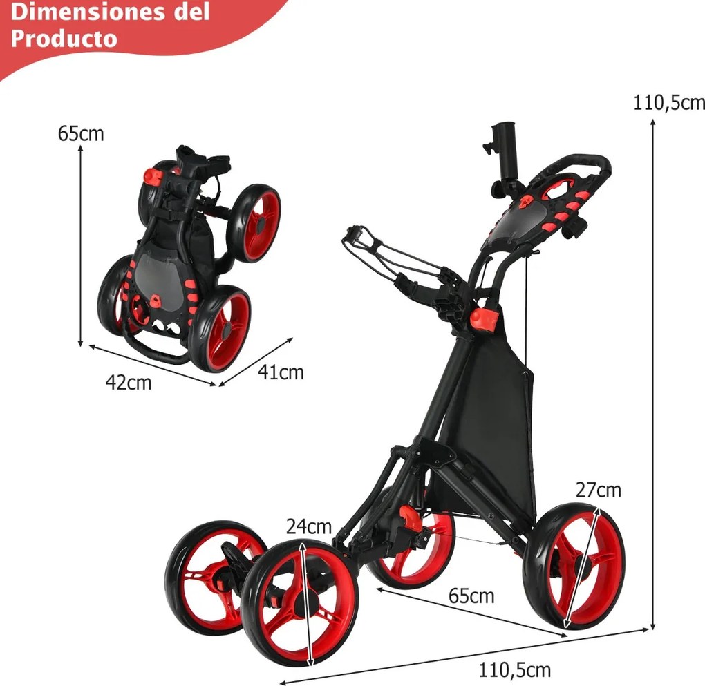 Carrinho de golfe dobrável, leve e de 4 rodas, com saco impermeável e travão de pé, suporte ajustável para guarda-chuva e copo - vermelho