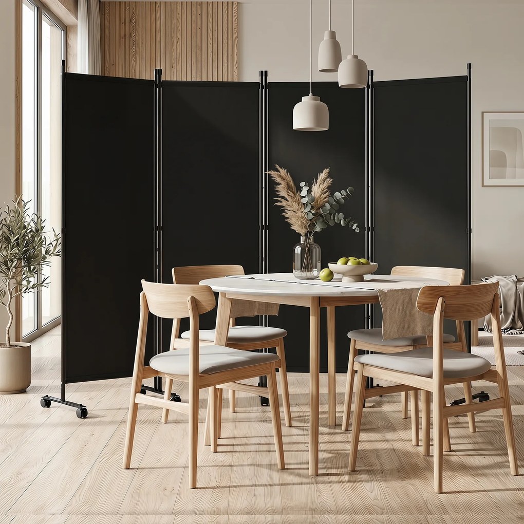 Biombo Separador de Espaço Dobrável, 221 x 35,5 x 173 cm, 4 Painéis com Rodas Bloqueáveis, Preto