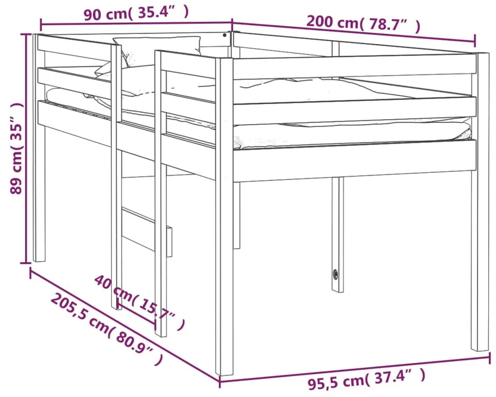Cama alta 90x200 cm madeira de pinho maciça branco