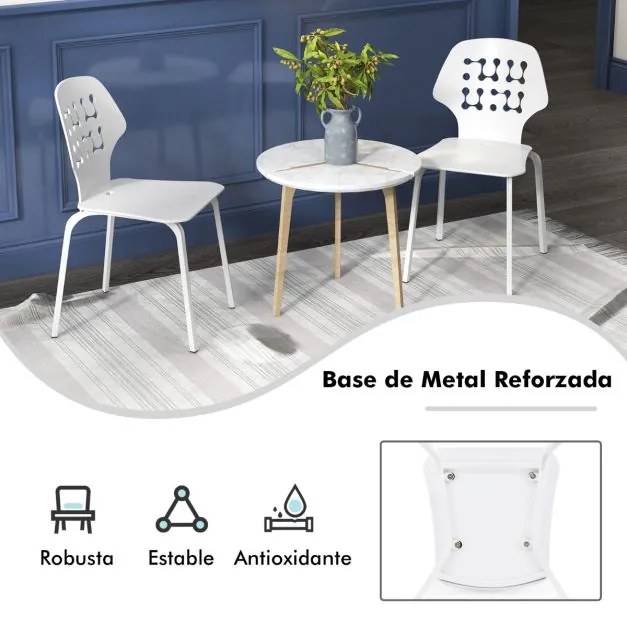 Conjunto de 4 cadeiras de jantar modernas em meta com costas ocas e pernas em metal Cadeira de hóspedes sem braços Branco