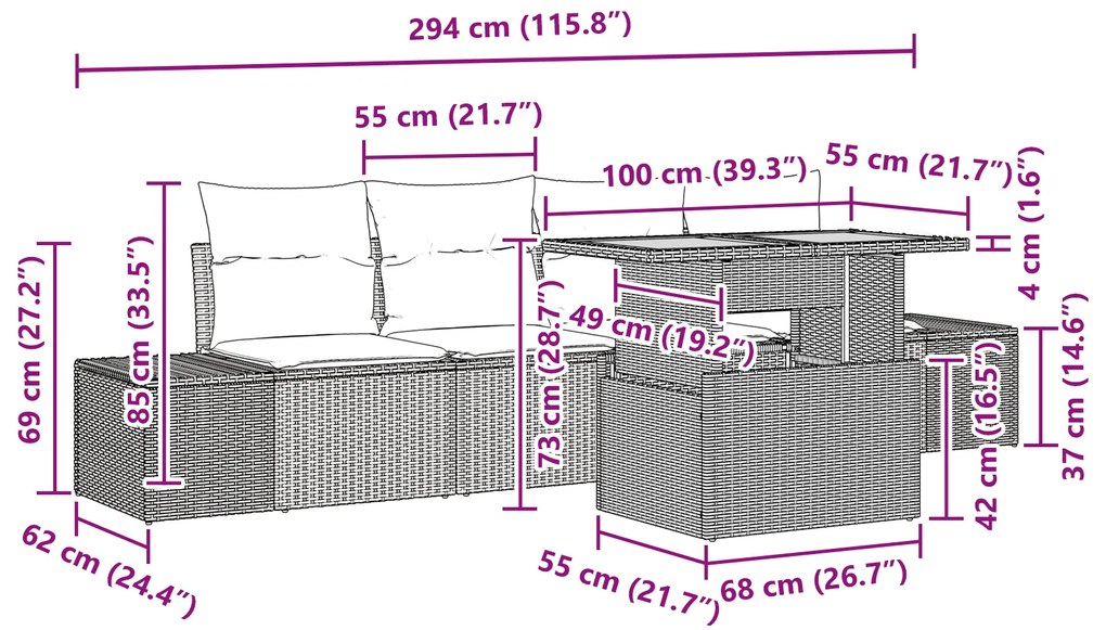 Conjunto de Jantar de Jardim com 5 Peças e Almofadas Vime Preto Acácia