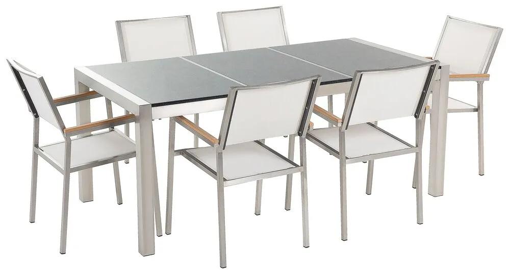 Conjunto de mesa com tampo triplo granito polido cinzento 180 x 90 cm e 6 cadeiras brancas GROSSETO Beliani
