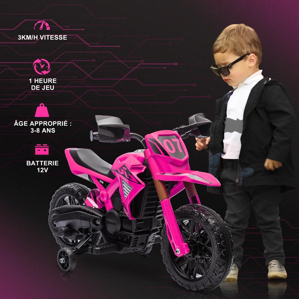 Motocross elétrico para crianças dos 3 aos 8 anos, bateria de 6 V, 2 motores, buzina e rodas de treino, capacidade de carga de 30 kg, cor-de-rosa