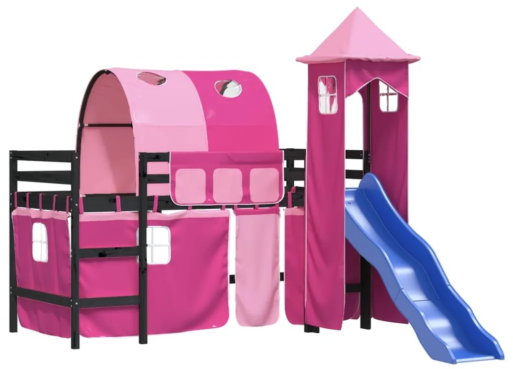 Cama alta para criança com torre 80x200 cm pinho maciço rosa