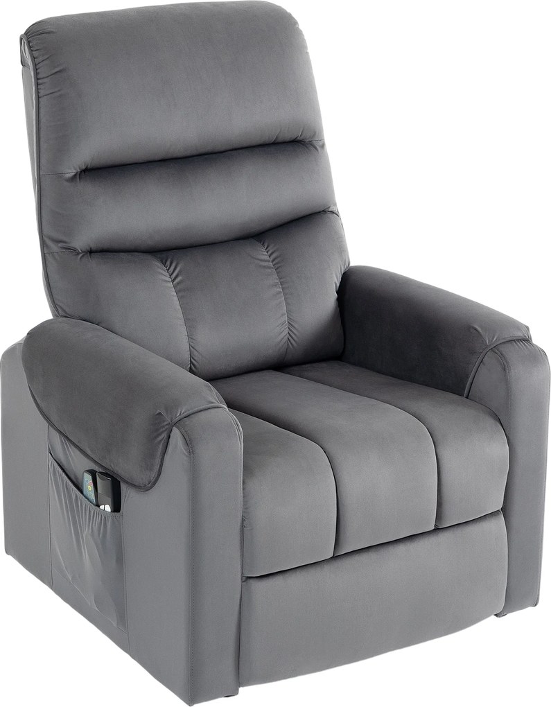 Poltrona elevatória elétrica com massagem, vibração e aquecimento, poltrona de relaxamento elétrica em veludo, cinzento escuro