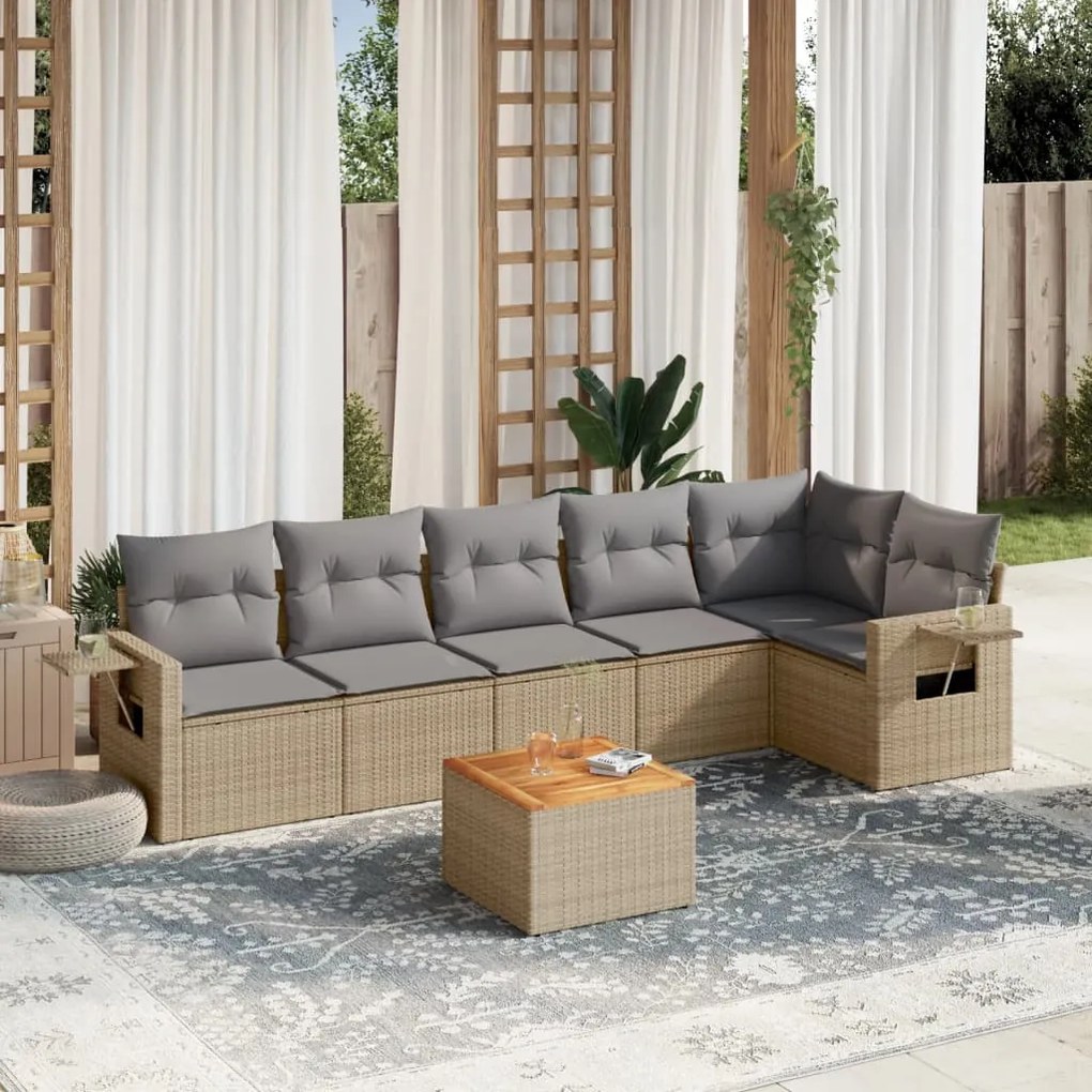 7 pcs conj. sofás jardim c/ almofadões vime PE bege misturado