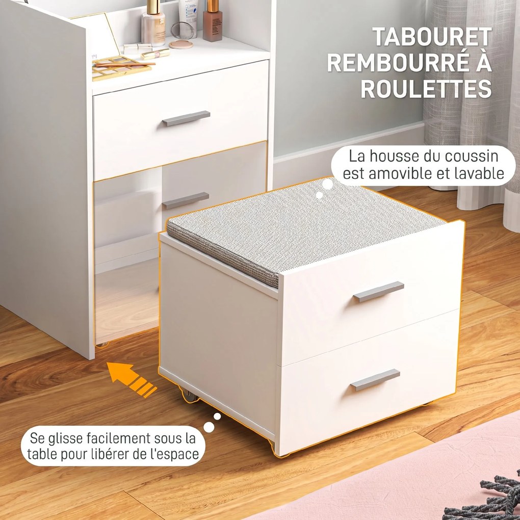 Conjunto de Toucador e Banco com Rodas, 50 x 40 x 113,5 cm, Espelho Rebatível, Branco