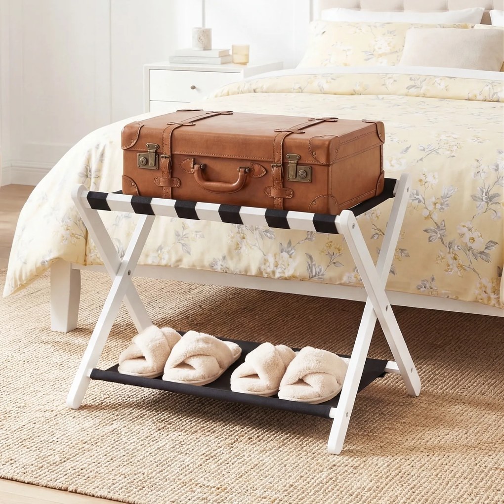 Conjunto de 2 porta-bagagens dobráveis de 2 níveis 67 x 46 x 52 cm, em madeira de borracha, com estantes de nylon e Estrutura em X, para quarto de hot